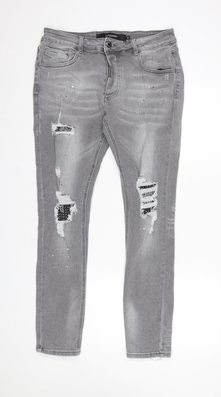 Alessandro Zavetti Men's Grey Distressed Slim Fit Skinny Jeans Size 32