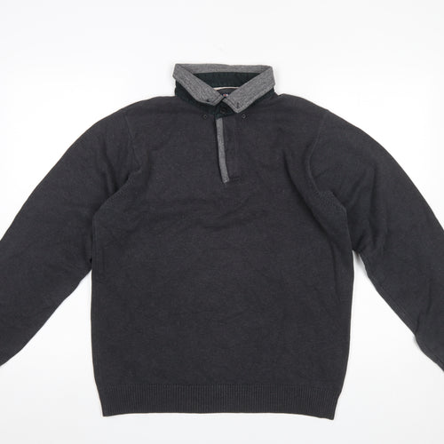 Marks and Spencer Men's Grey Collared Henley Jumper Size S Cotton Blend