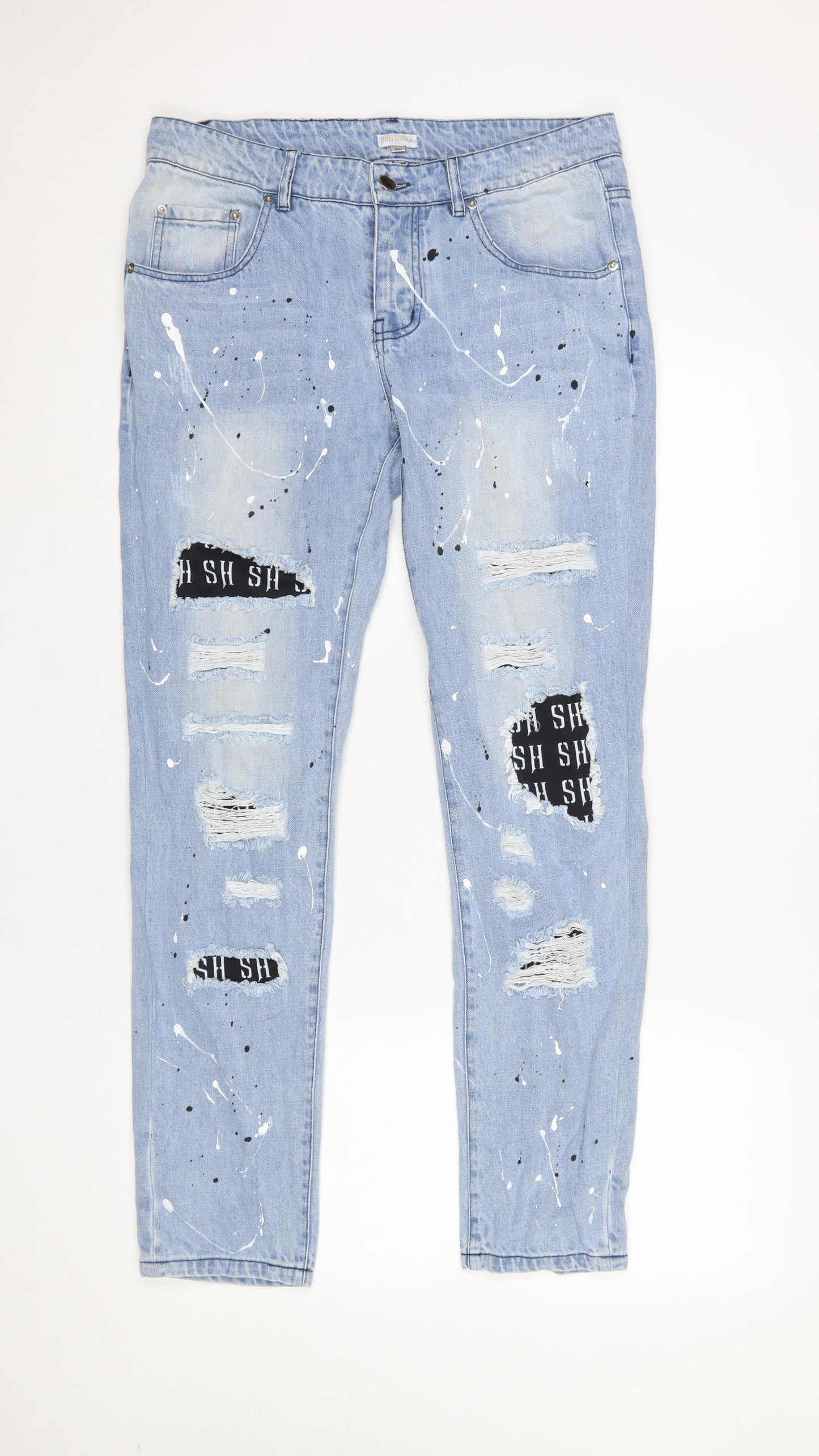 Star Hustle Men’s Blue Light-Wash Distressed Denim Jeans Size 32