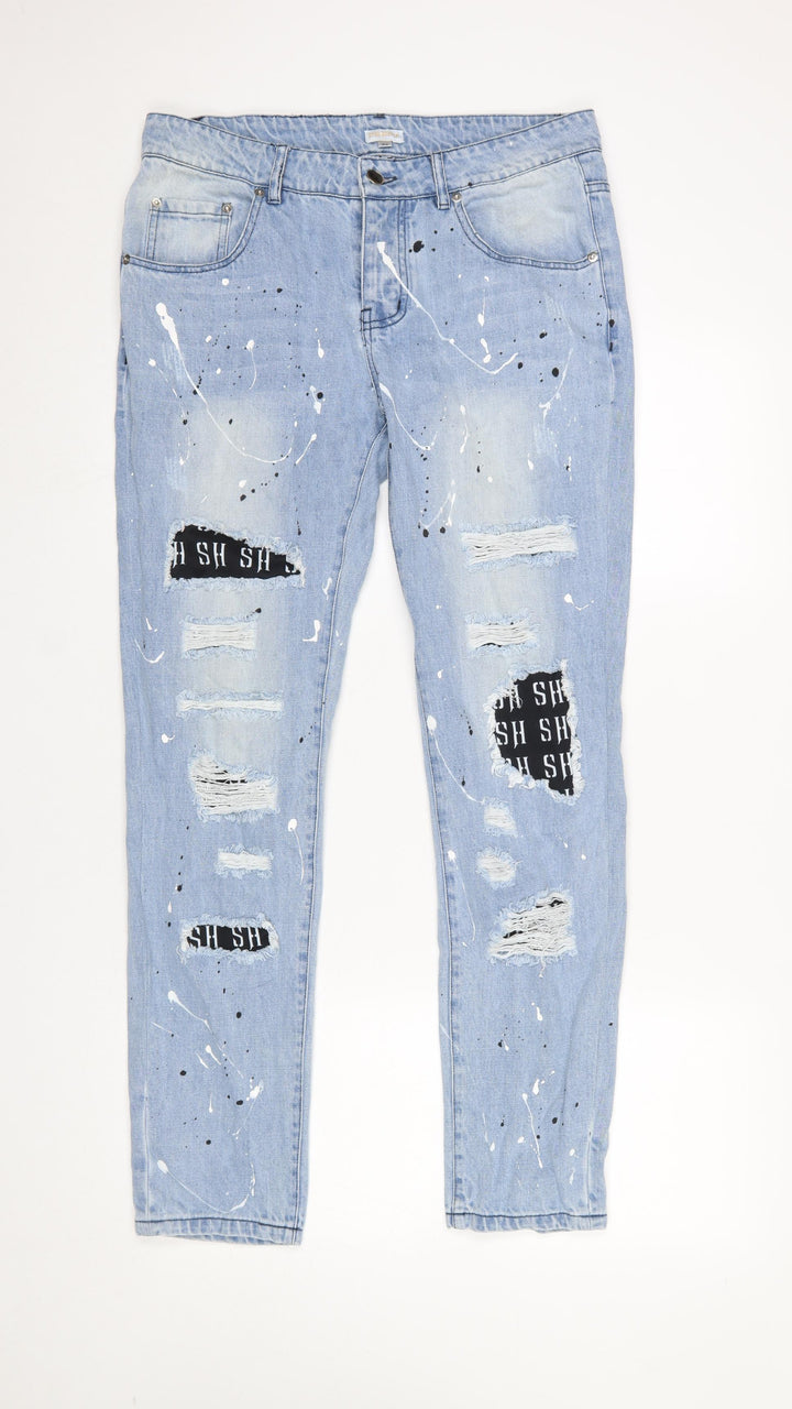 Star Hustle Men’s Blue Light-Wash Distressed Denim Jeans Size 32