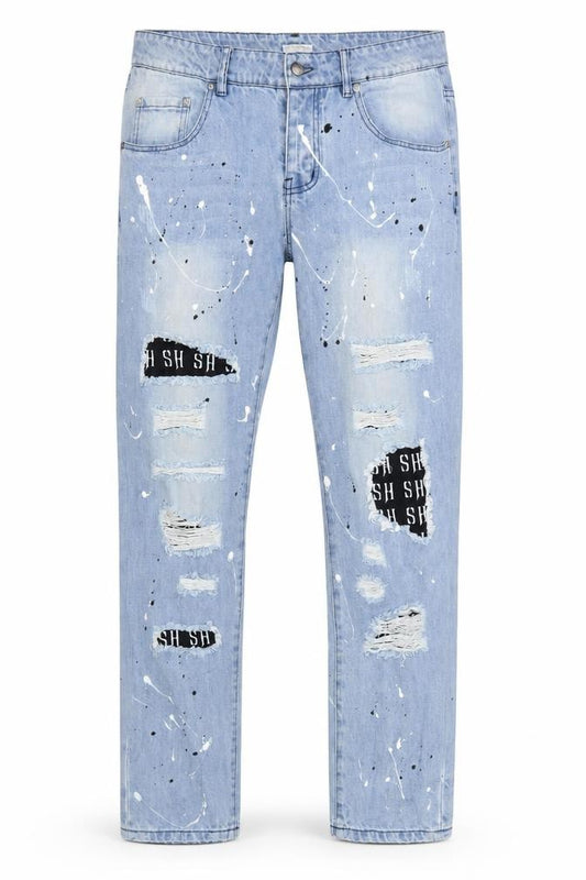 Front view of Star Hustle Men’s Blue Light-Wash Distressed Denim Jeans, size 32