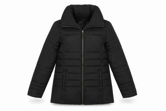 Front view of Oasis women’s black puffer jacket, size M, mid-length winter coat