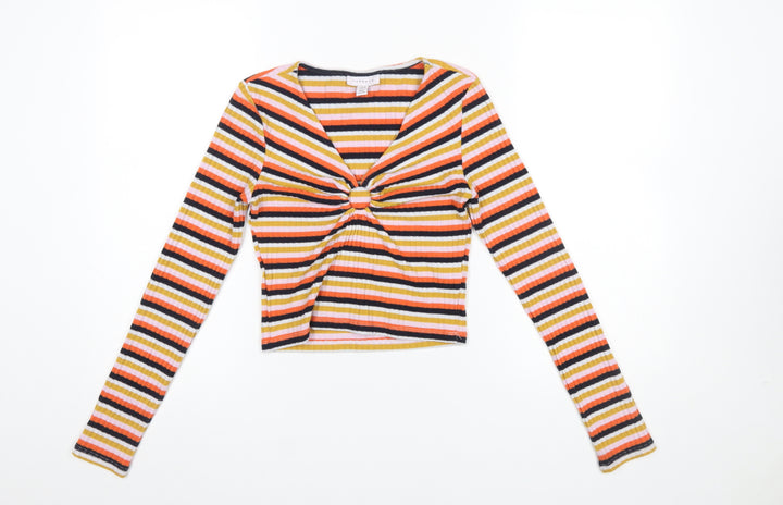 Topshop Women's Multicoloured Striped Cropped Long Sleeve T-Shirt UK 10
