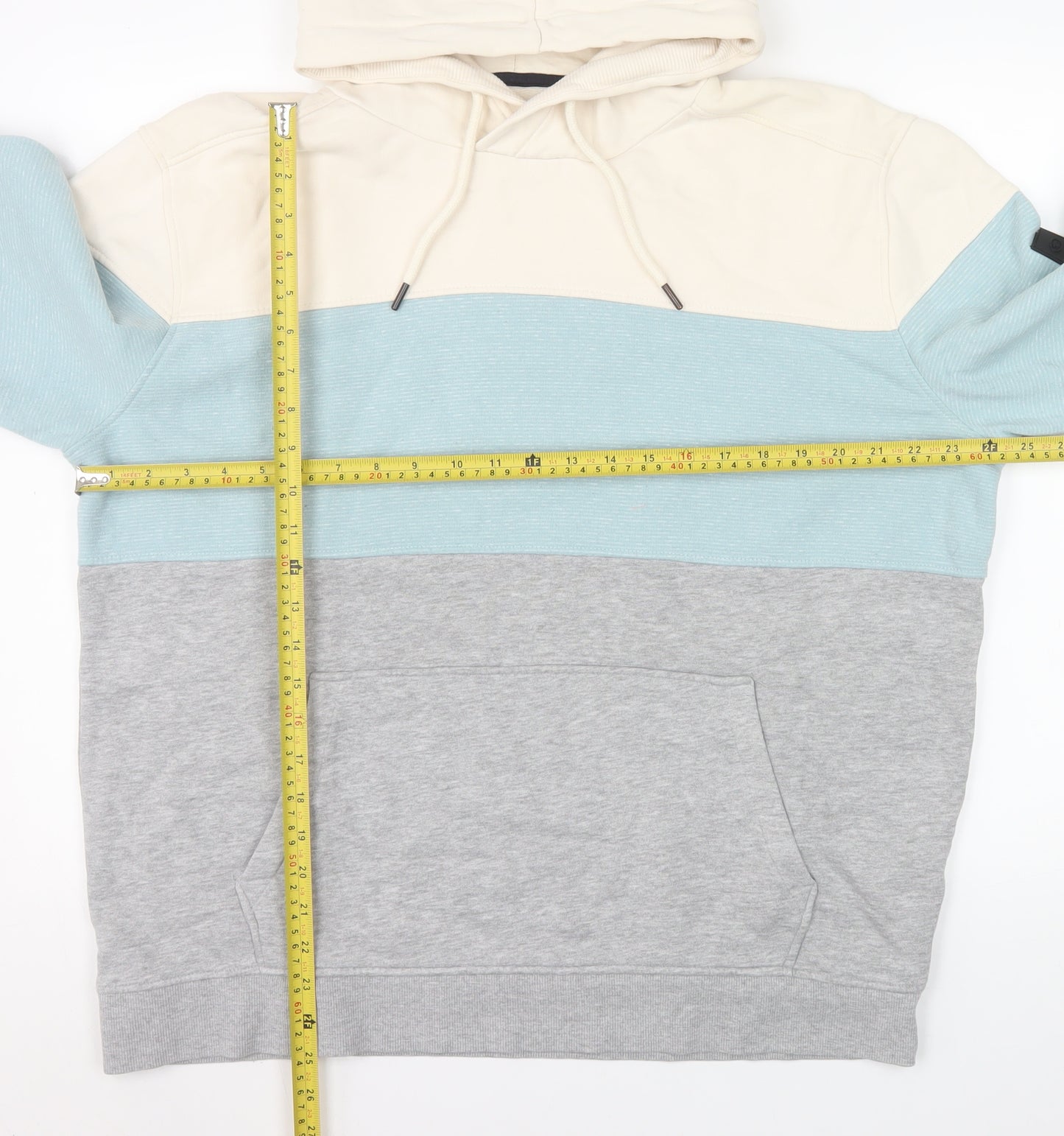 Tom Tailor Men's Beige Blue Grey Colour Block Pullover Hoodie 2XL