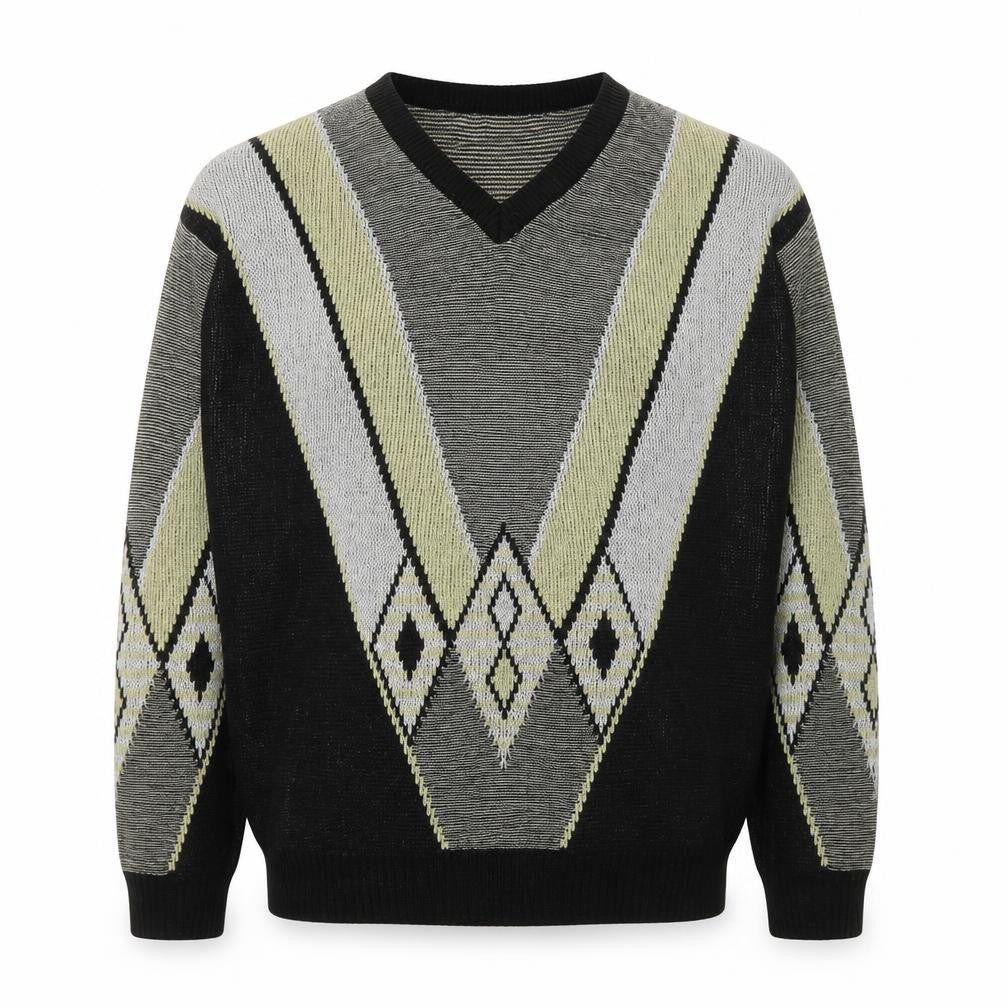 Front view of Basic-Line Men's Black L V-Neck Argyle Acrylic Jumper