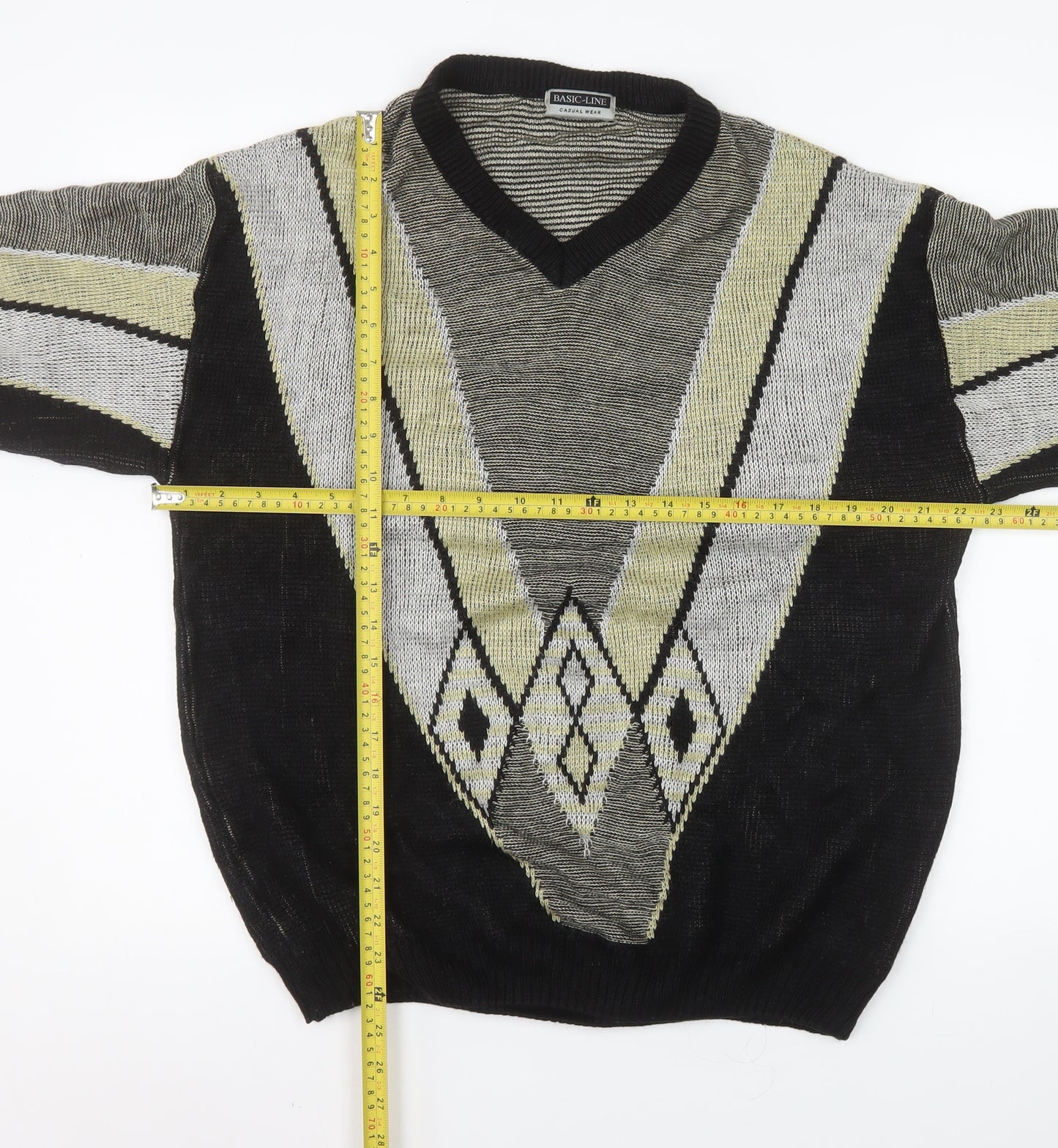 Basic-Line Men's Black L V-Neck Argyle Acrylic Jumper