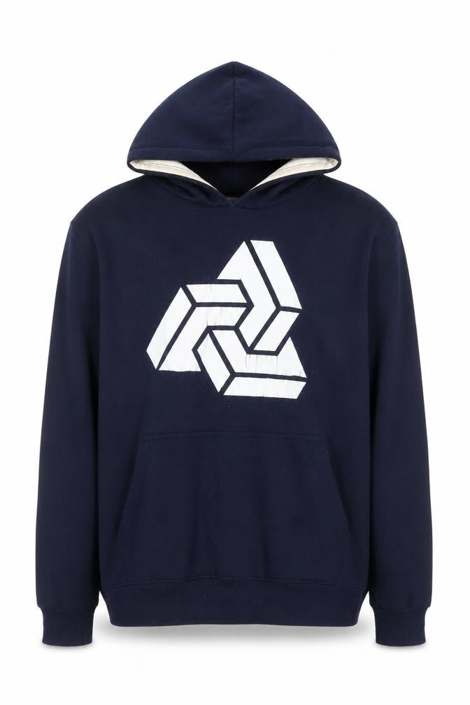 Front view of Derby Men's Blue Slim Fit Pullover Hoodie, size L, Graphic Print