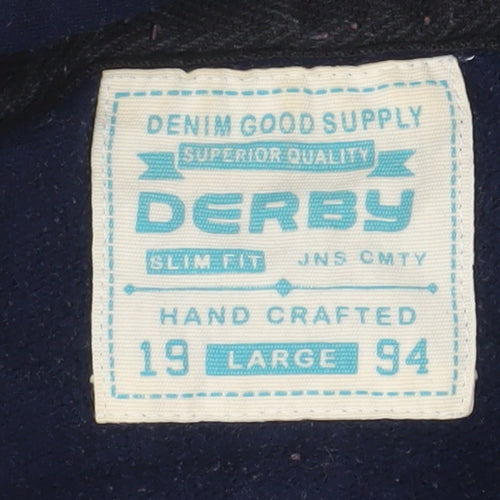Derby Men's Blue Slim Fit Pullover Hoodie Size L Graphic Print