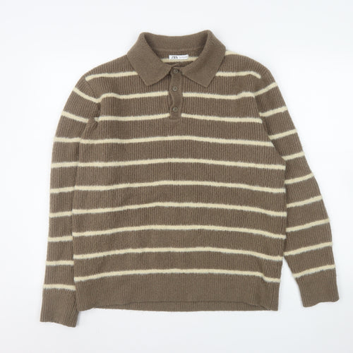 Zara Men's Brown Striped Collared Henley Jumper Size L