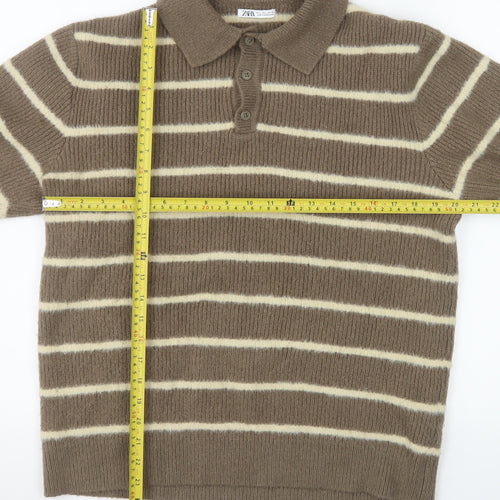 Zara Men's Brown Striped Collared Henley Jumper Size L