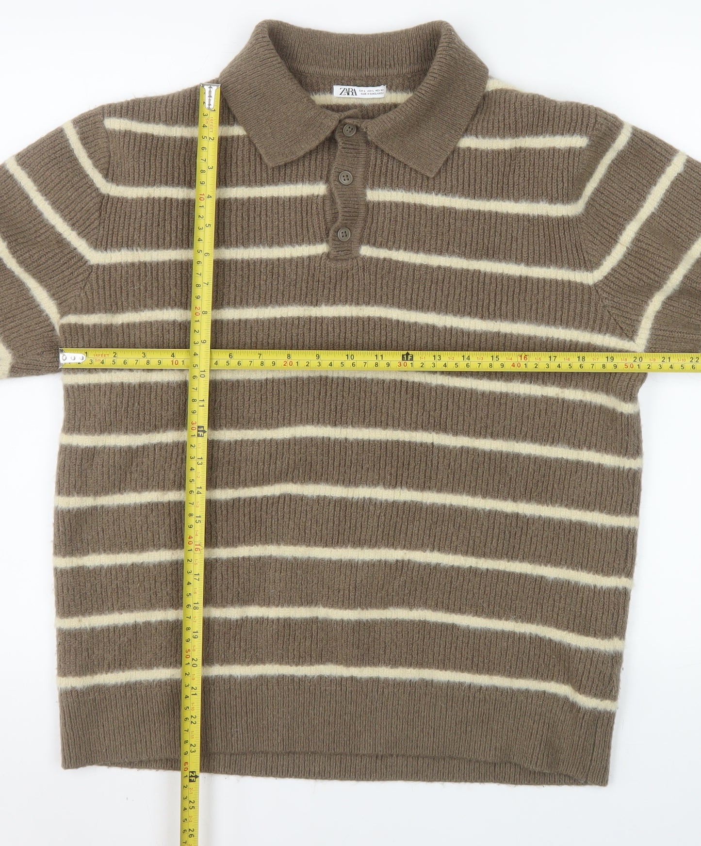 Zara Men's Brown Striped Collared Henley Jumper Size L