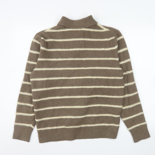 Zara Men's Brown Striped Collared Henley Jumper Size L