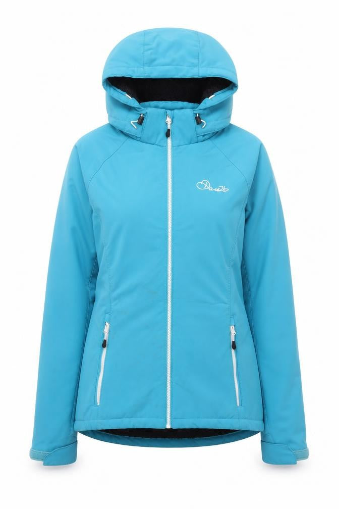 Front view of Dare 2b women’s blue softshell hooded mid-length jacket, size UK 10