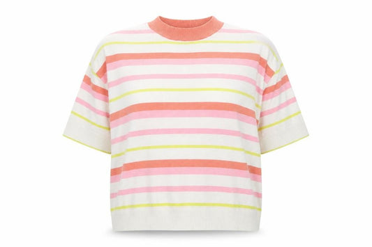 Front view of TeamSpirit Women’s Multicoloured Striped Short Sleeve Jumper XL Polyester Blend