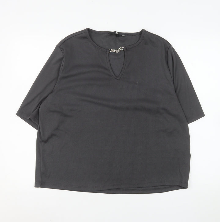 Fig Women's Grey 2XL Stretch Chain Detail V-Neck Short Sleeve Top