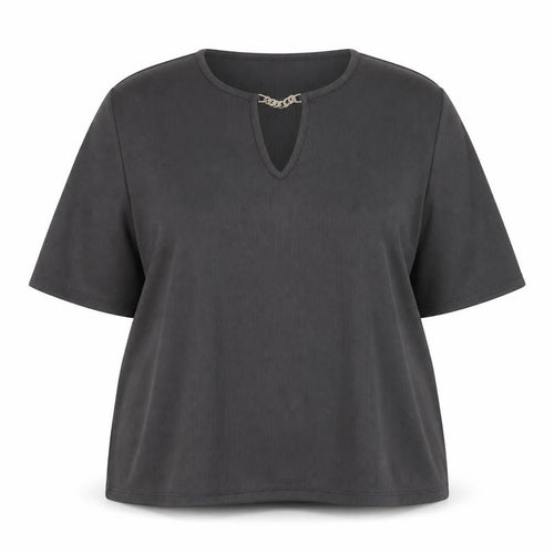 Fig Women's Grey 2XL Stretch Chain Detail V-Neck Short Sleeve Top