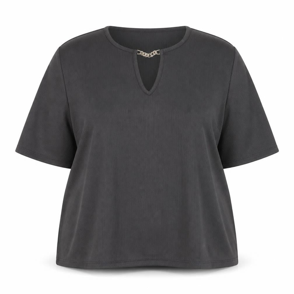 Fig Women's Grey 2XL Stretch Chain Detail V-Neck Short Sleeve Top
