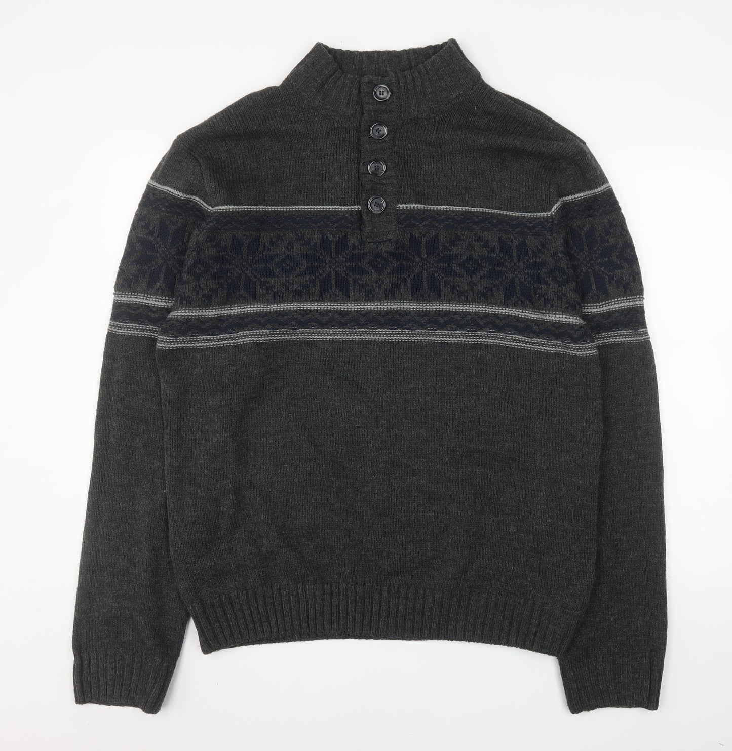 Cedar Wood State Men’s Grey Fair Isle Henley Jumper XL