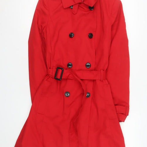 Stradivarius Women Red Trench Coat Size 12 Belted Classic Mid-Length