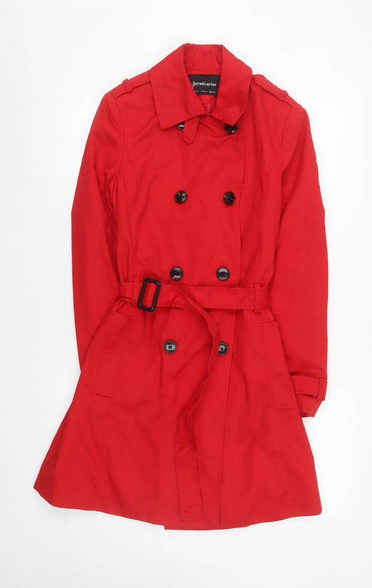 Stradivarius Women Red Trench Coat Size 12 Belted Classic Mid-Length