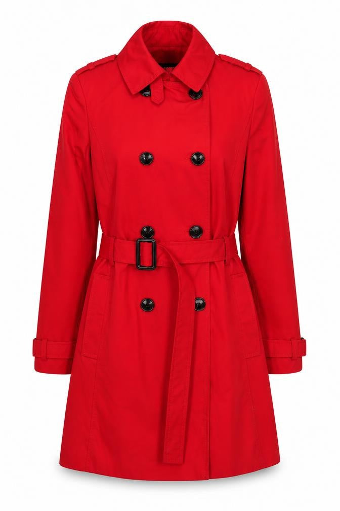 Stradivarius Women Red Trench Coat Size 12 Belted Classic Mid-Length