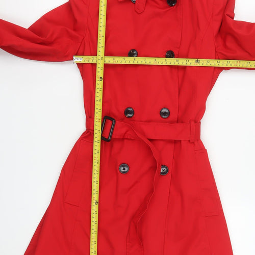 Stradivarius Women Red Trench Coat Size 12 Belted Classic Mid-Length