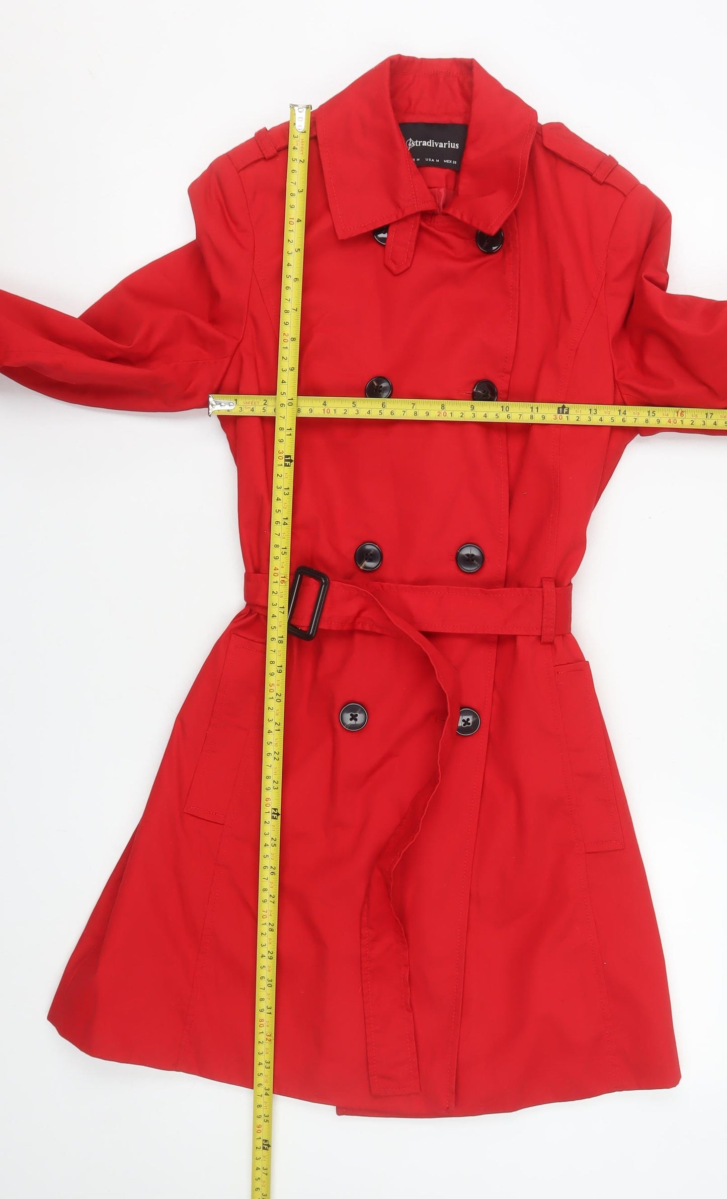 Stradivarius Women Red Trench Coat Size 12 Belted Classic Mid-Length