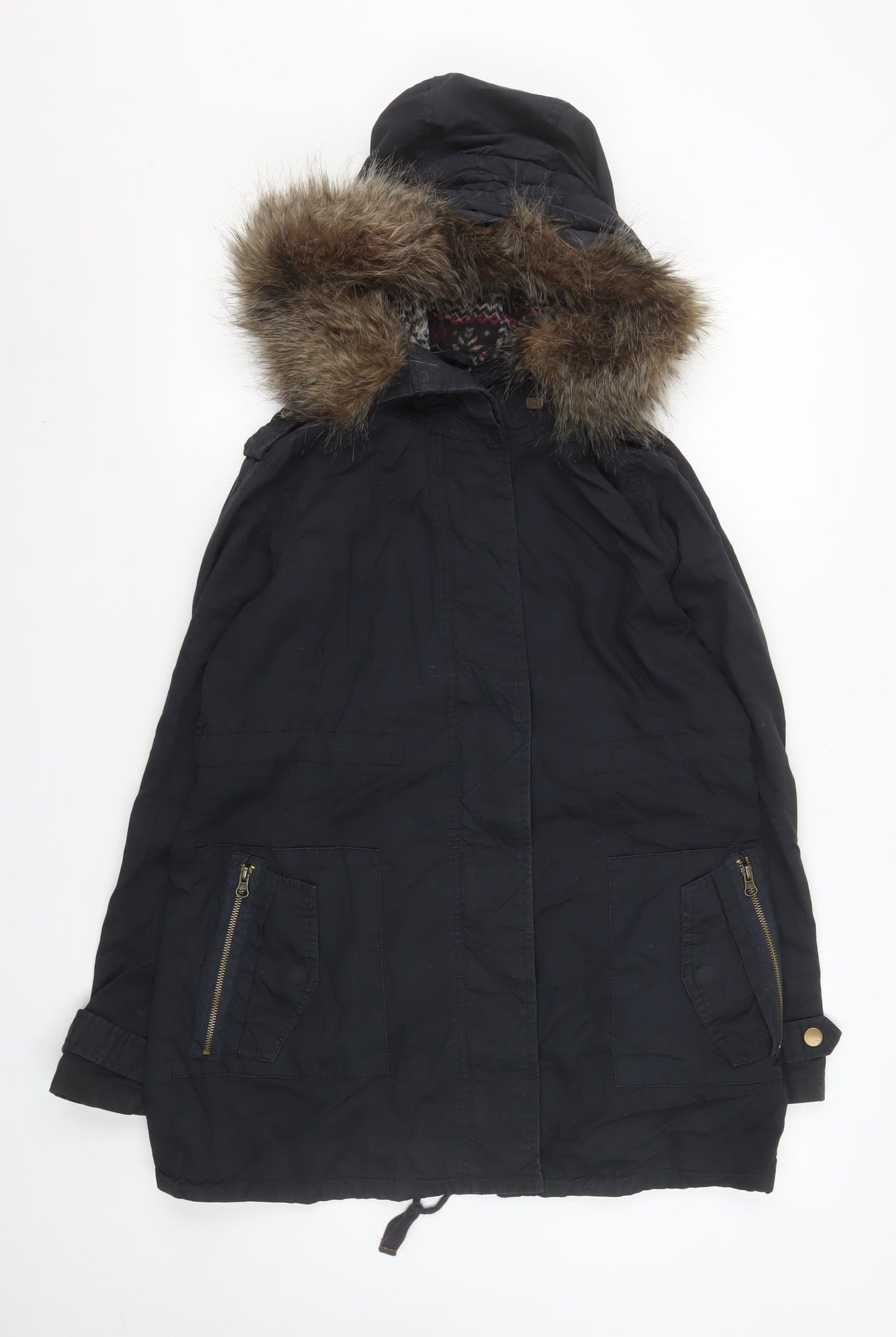 New Look Maternity Black Faux Fur Trim Hooded Parka Coat Size 8