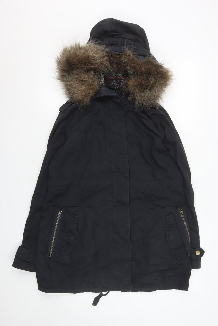 New Look Maternity Black Faux Fur Trim Hooded Parka Coat Size 8