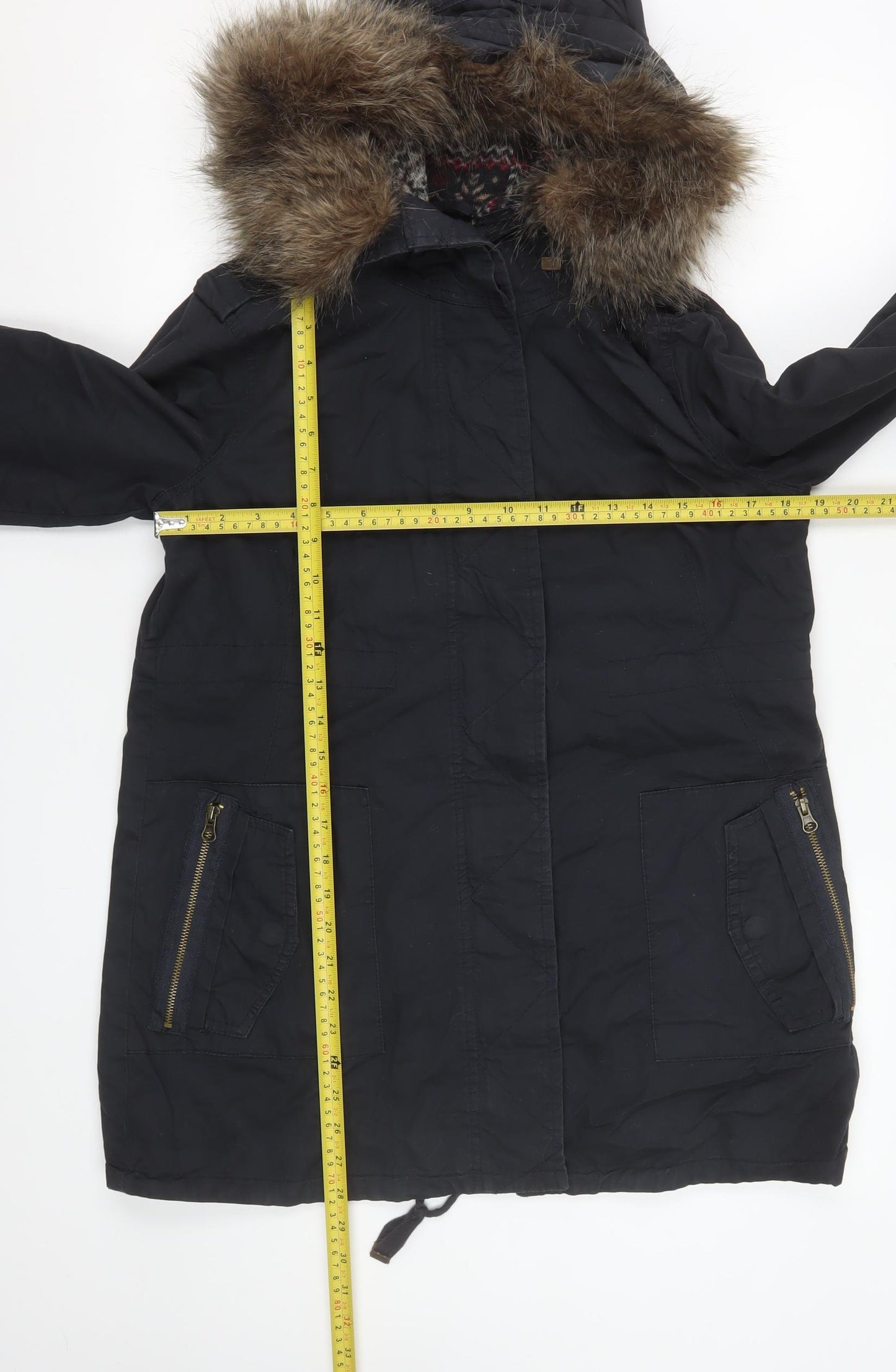 New Look Maternity Black Faux Fur Trim Hooded Parka Coat Size 8