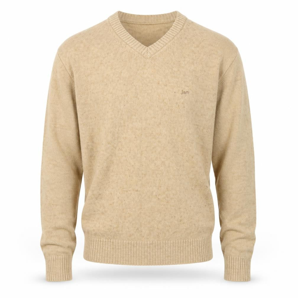 Front view of Jambangee Men’s Beige V-Neck Wool Cashmere Blend Jumper M