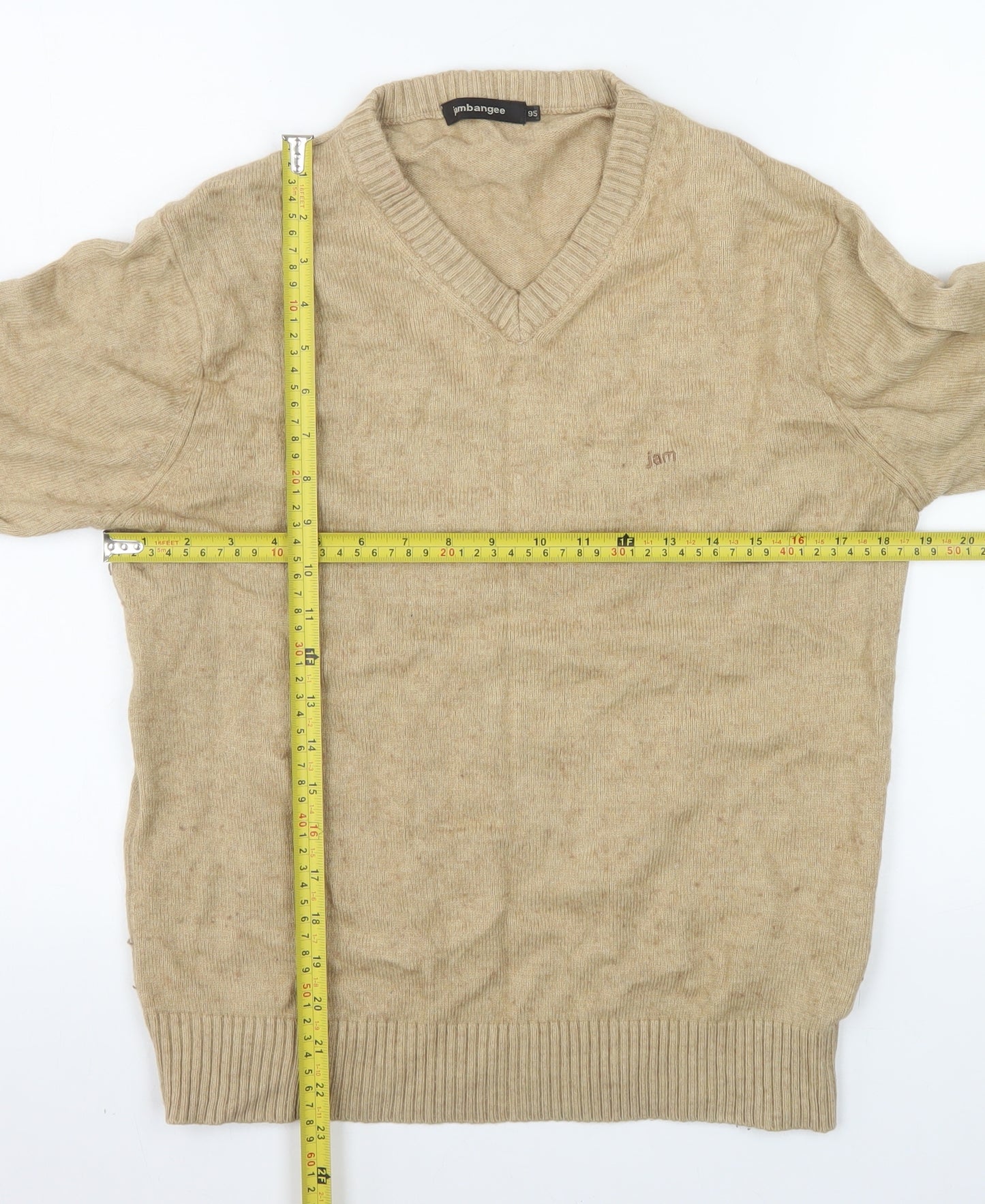 Jambangee Men’s Beige V-Neck Wool Cashmere Blend Jumper M