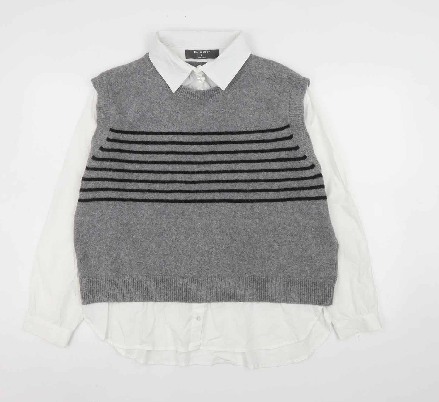 Primark Women Grey Striped Sleeveless Vest Jumper L Polyester Blend