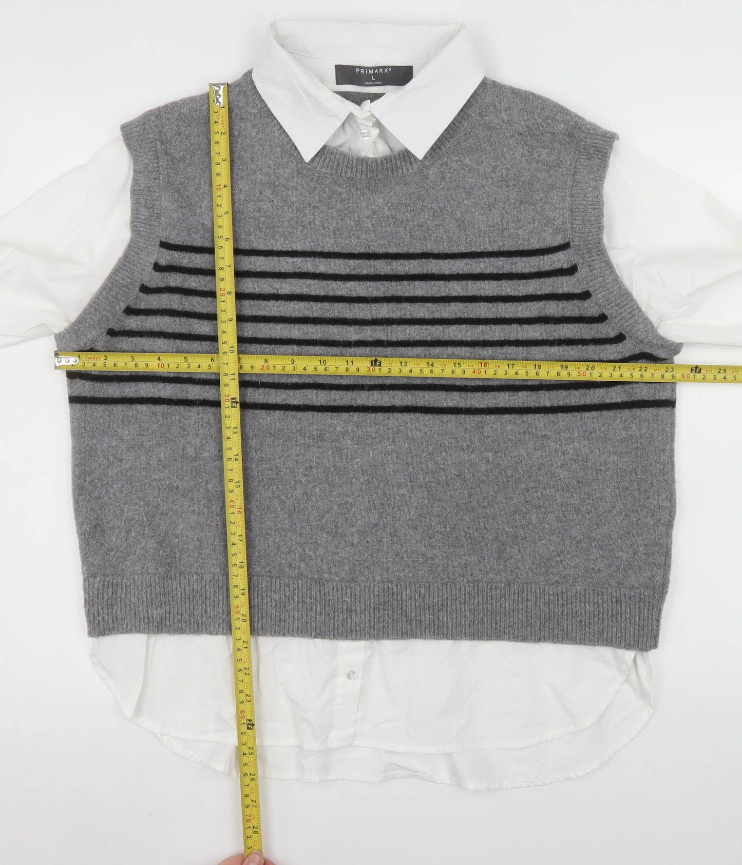 Primark Women Grey Striped Sleeveless Vest Jumper L Polyester Blend