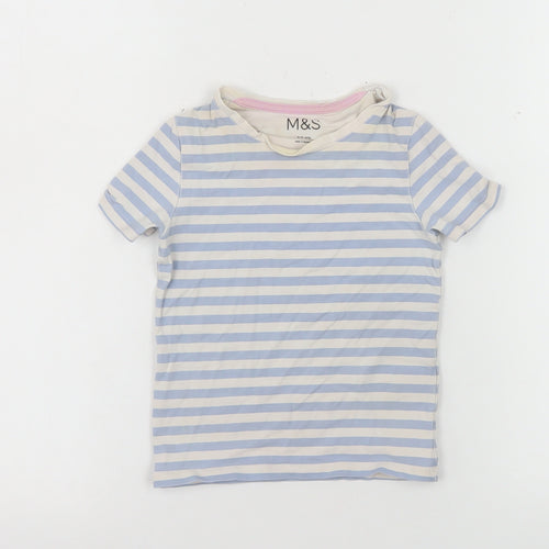 Marks and Spencer Girls Blue Striped Cotton T-Shirt 2-3 Years