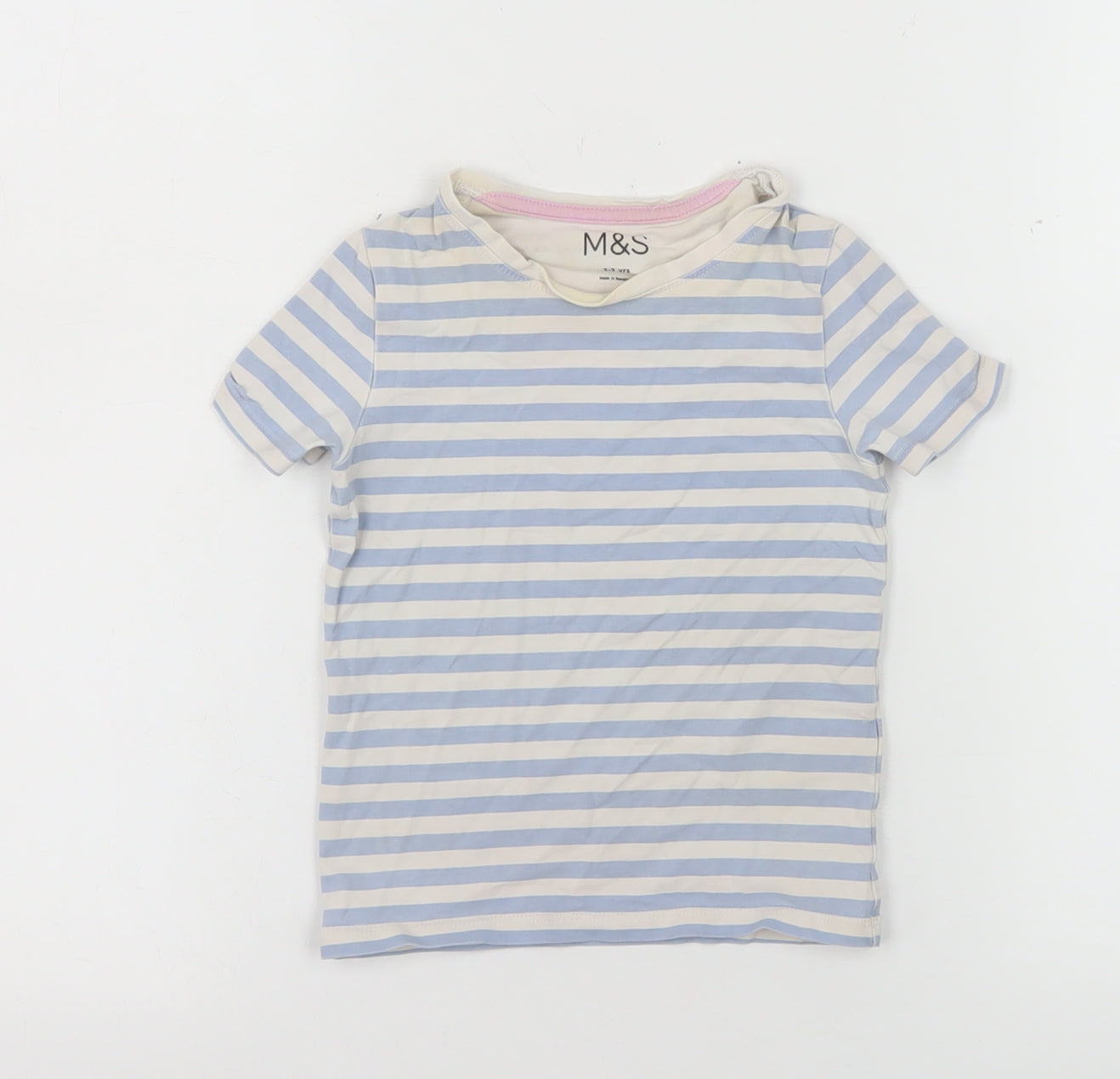 Marks and Spencer Girls Blue Striped Cotton T-Shirt 2-3 Years