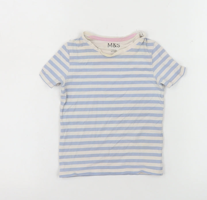 Marks and Spencer Girls Blue Striped Cotton T-Shirt 2-3 Years