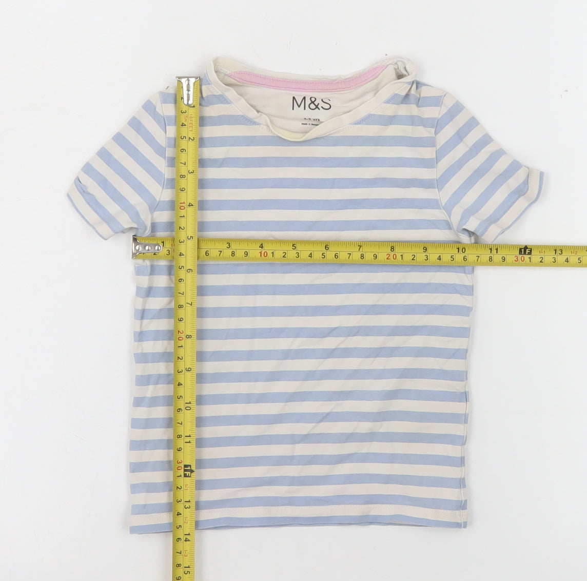 Marks and Spencer Girls Blue Striped Cotton T-Shirt 2-3 Years