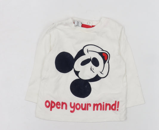 Front view of Disney Prénatal Baby Long Sleeve White Cotton T-Shirt 6-9 Months Mickey Print