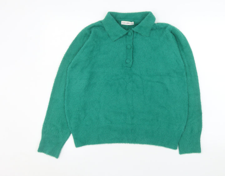 Gallery Women Green Collared Henley Jumper Size 10 Acrylic Blend