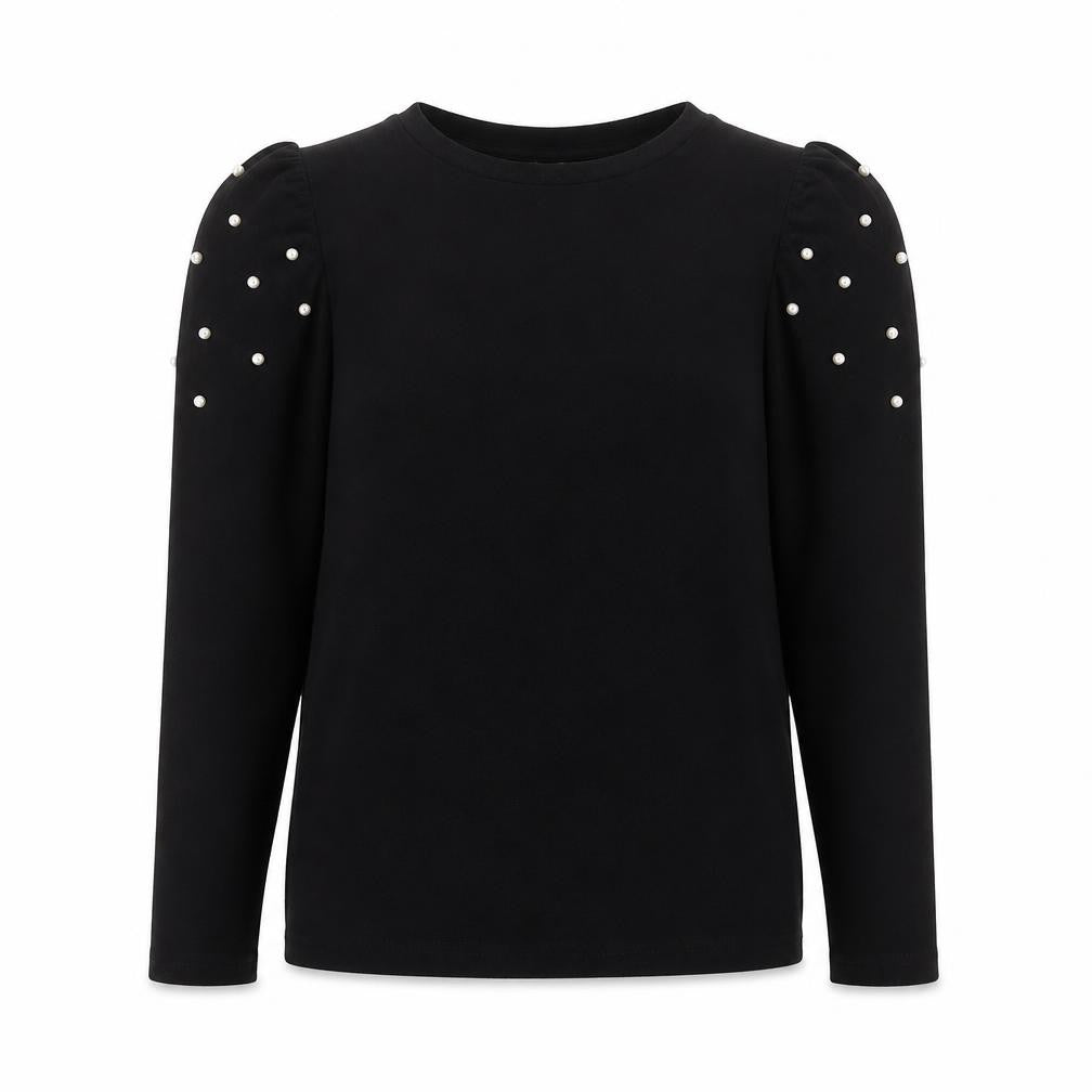 Front view of Savida women’s black long sleeve beaded puff top, size UK 12