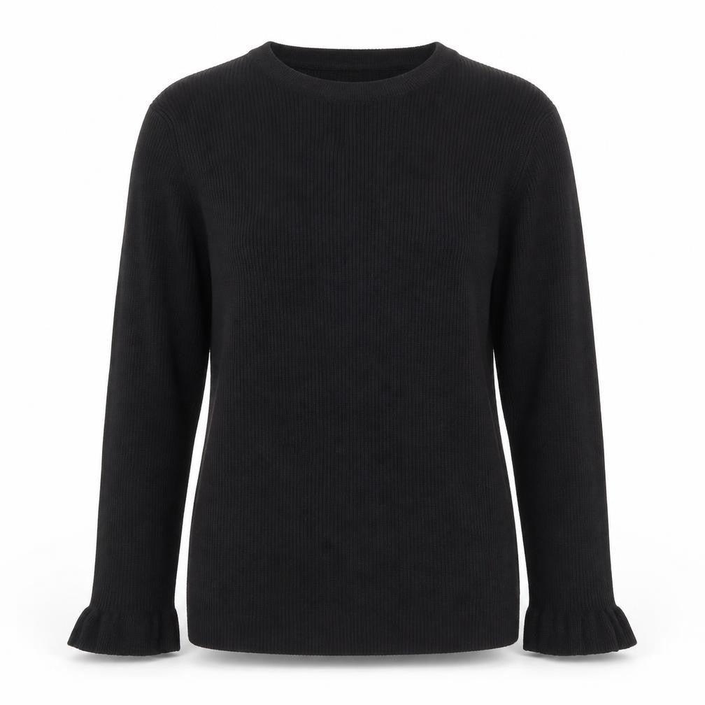 Front view of Red Herring women’s black long sleeve knit ruffle blouse, size UK 12