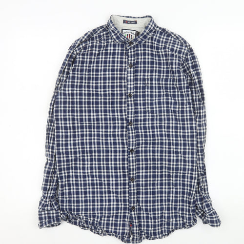 Cool Plus Men's Blue Check Long Sleeve Cotton Band Collar Shirt Size L