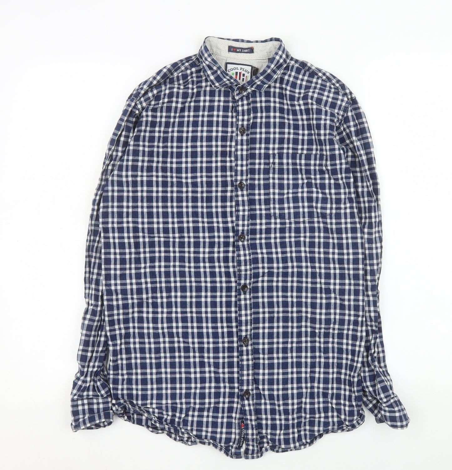 Cool Plus Men's Blue Check Long Sleeve Cotton Band Collar Shirt Size L