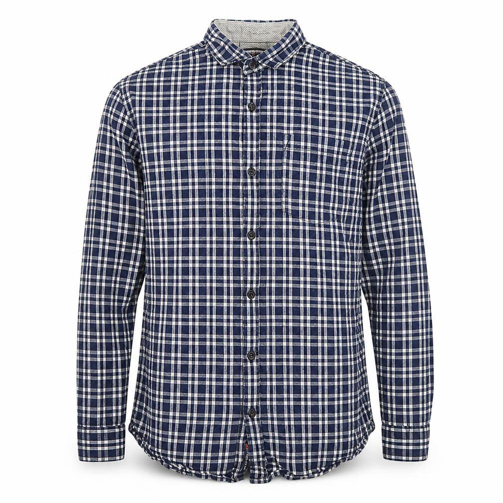 Cool Plus Men's Blue Check Long Sleeve Cotton Band Collar Shirt Size L