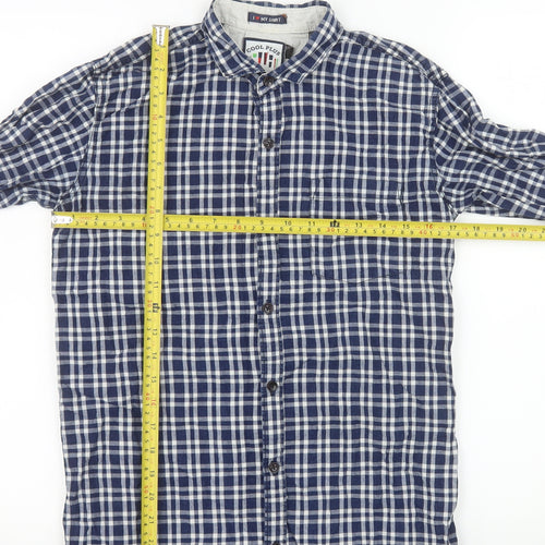 Cool Plus Men's Blue Check Long Sleeve Cotton Band Collar Shirt Size L