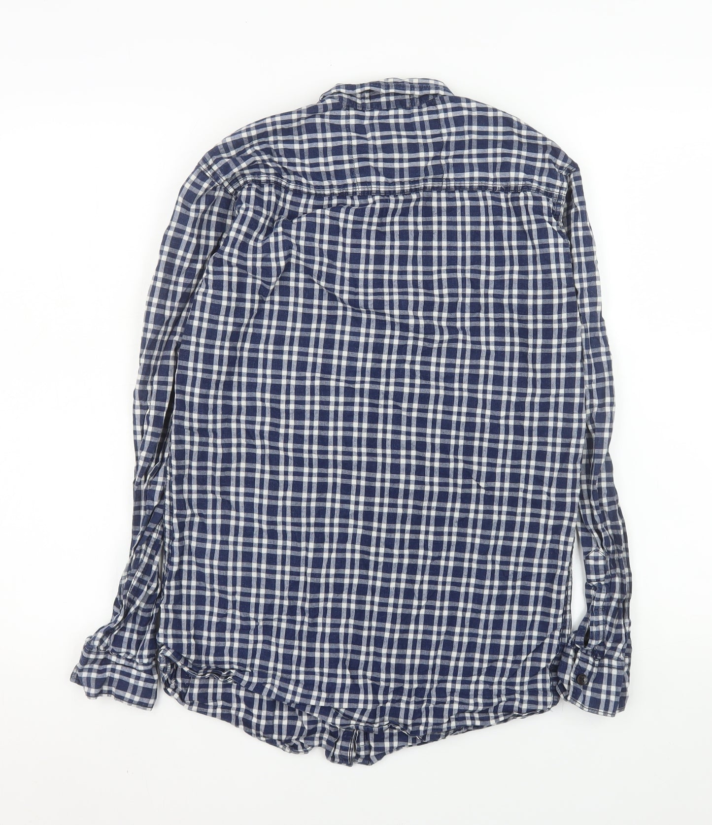 Cool Plus Men's Blue Check Long Sleeve Cotton Band Collar Shirt Size L