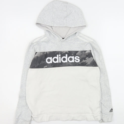 Adidas Boys Grey Hoodie 12-13 Years Pullover Fleece Logo Sweatshirt
