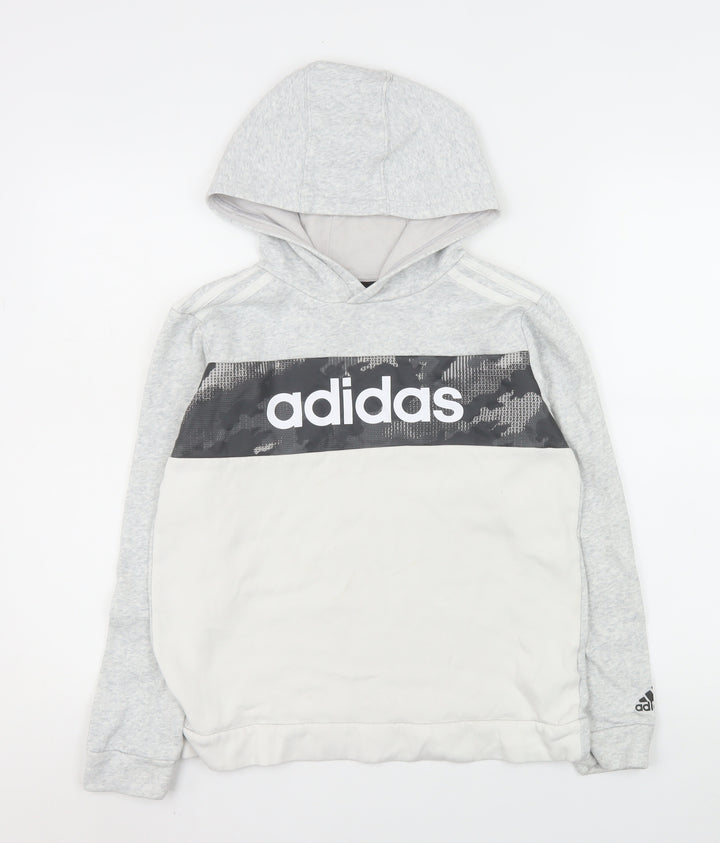Adidas Boys Grey Hoodie 12-13 Years Pullover Fleece Logo Sweatshirt