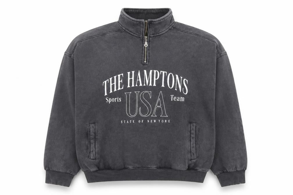 Front view of Bershka women’s black the hamptons 1/4 zip sweatshirt, size L
